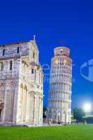 pisa, piazza del duomo, with the basilica leaning tower at dawn
