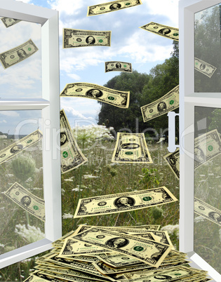 dollars flying away from opened window