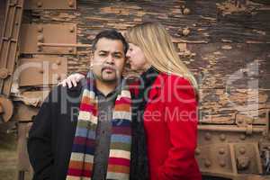 mixed race couple portrait in winter clothing against rustic tra