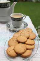 tray full of biscuits served with tea pot and a cup