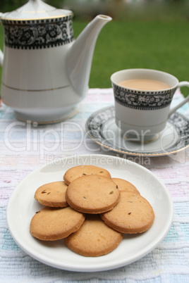 plate full of biscuits served with tea pot and a cup