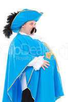 musketeer in turquoise blue uniform