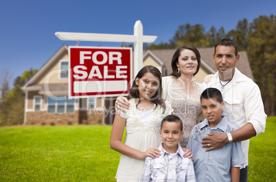 hispanic family, new home and for sale real estate sign