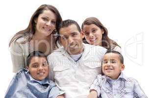 happy attractive hispanic family portrait on white