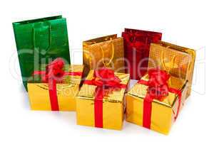 gold gift boxes and gift bags
