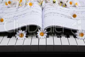 piano keys and musical book and flower
