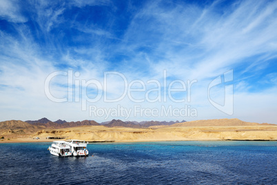 motor yachts and snorkeling tourists in ras muhammad national pa