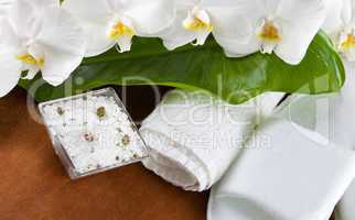 Spa accessories on wooden table