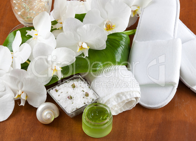 Spa accessories on wooden table