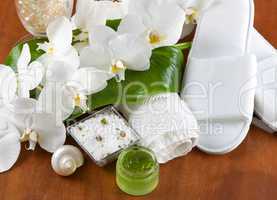 Spa accessories on wooden table