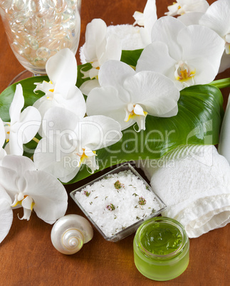 Spa accessories on wooden table