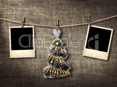 old style photographs and christmas tree hanging on a clotheslin