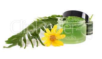 Cosmetics cream in the green jar