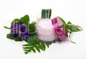 Cosmetic pink cream with herbs and flowers