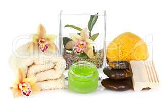 Accessories for spa with  yellow orchid flowers
