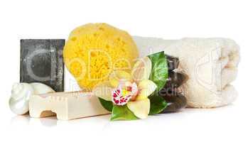 Accessories for spa with  yellow orchid flowers