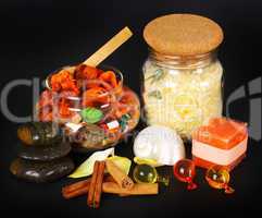 Accessories for spa with salt bath, cinnamon and stones