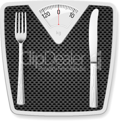 Bathroom scales with fork and knife.