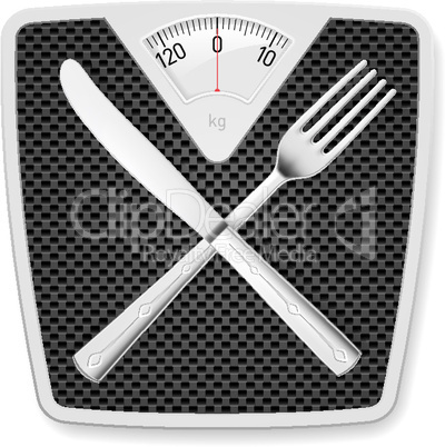 Bathroom scales with fork and knife.