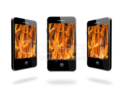 mobile phone with flame on the white background