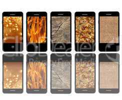 modern mobile phones with different textures