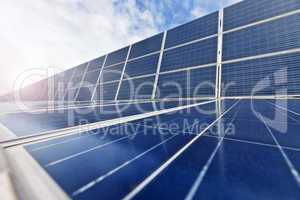Photovoltaic cells or solar panels in sunlight