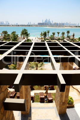 the view on jumeirah palm man-made island from luxury hotel, dub