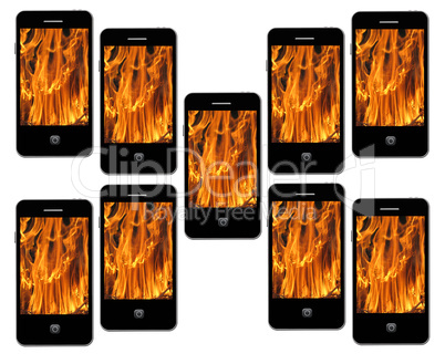 mobile phone with flame on the white background