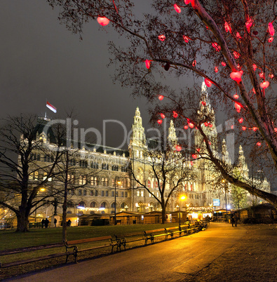 Vienna Town Hall and the traditional Christmas Market at night