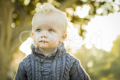 adorable blonde baby boy outdoors at the park.