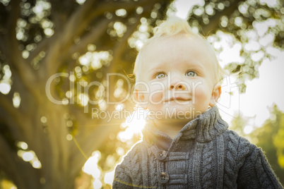 adorable blonde baby boy outdoors at the park.