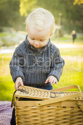 blonde baby boy opening picnic basket outdoors at the park