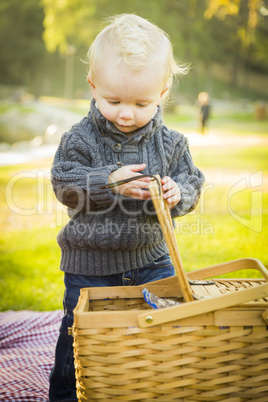 blonde baby boy opening picnic basket outdoors at the park