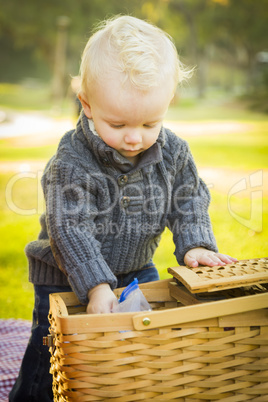 Blonde Baby Boy Opening Picnic Basket Outdoors at the Park