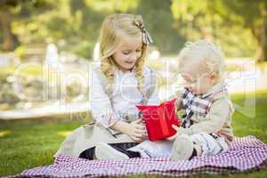 little girl gives her baby brother a gift at park.