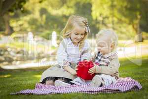 little girl gives her baby brother a gift at park.