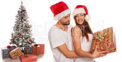 romantic young man giving his wife an xmas gift