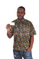 black man holding business card.