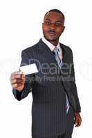 black man with business card.