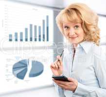 business woman using her smartphone on the background graphics a