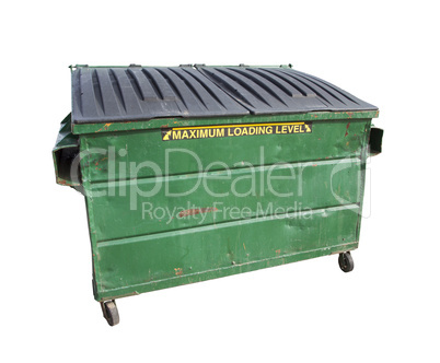 green trash or recycle dumpster on white with clipping path