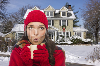 woman in winter clothing holding mug outside in snow