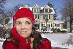smiling mixed race woman in winter clothing outside in snow