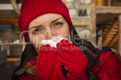 sick woman inside cabin blowing her sore nose with tissue