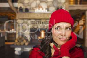 mixed race girl enjoying warm fireplace in rustic cabin