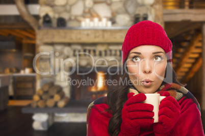 mixed race girl enjoying warm fireplace and holding mug