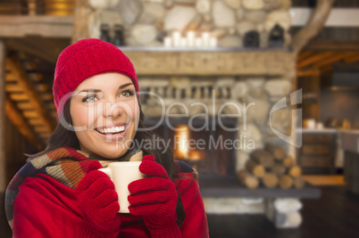 mixed race girl enjoying warm fireplace and holding mug