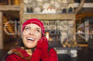 mixed race girl enjoying warm fireplace in rustic cabin