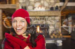 mixed race girl enjoying warm fireplace in rustic cabin