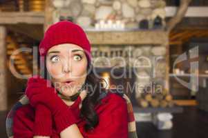 mixed race girl enjoying warm fireplace in rustic cabin
